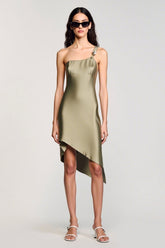 Olive Satin Brautkleid mit einer Schulter